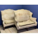 Near pair of two seater high backed sofas, in yellow upholstered fabric (condition, upholstery