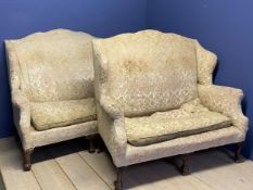 Near pair of two seater high backed sofas, in yellow upholstered fabric (condition, upholstery