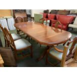 Modern reproduction pedestal dining table and 6 chairs 216cm extended x 98 cm wide x 76 cm high