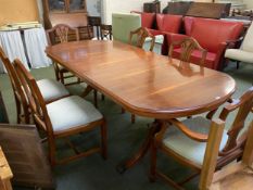 Modern reproduction pedestal dining table and 6 chairs 216cm extended x 98 cm wide x 76 cm high