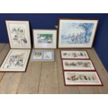 A quantity of framed and glazed art work, dog and country pursuit themes, including Mark Huskington,