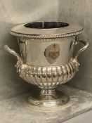 George III Sheffield plate wine cooler, the partly ribbed campana shape body engraved an Armorial, 2