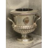 George III Sheffield plate wine cooler, the partly ribbed campana shape body engraved an Armorial, 2