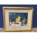 Oil on board, C20th, Tea time birthday party, 23 x 31cm in gilt frame (needs mending)