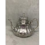 Victorian Hallmarked Silver Brunswick style teapot swelling panel sides with portrait & crest