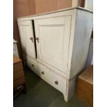 A decorative, painted, Continental style heavy two door house keepers cupboard 160 cm wide x 133cm