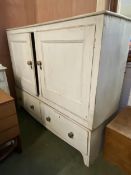 A decorative, painted, Continental style heavy two door house keepers cupboard 160 cm wide x 133cm