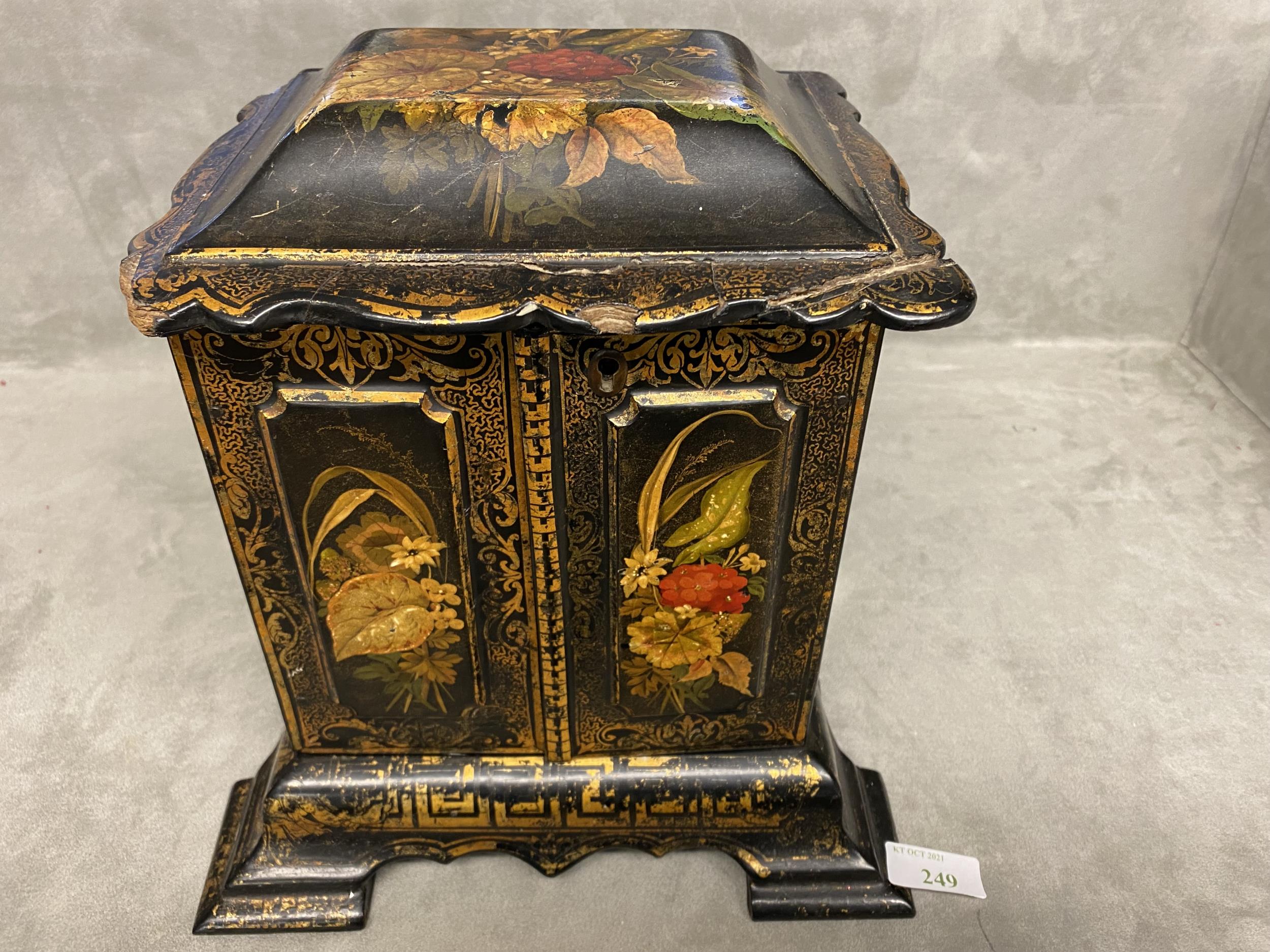 C19th/C20th wood & bone Mah Jong set in a black lacquered floral & gilt decorated 2 door papier - Image 9 of 10