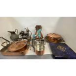 Qty of copper & plated wears including copper saucepans, pewter tankards,