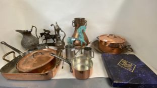 Qty of copper & plated wears including copper saucepans, pewter tankards,