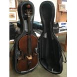 Cello, possibly German. in Case. Worn condition, see photos.
