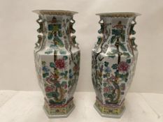 Pair of C20th hexagonal famille vert Chinese style vases,