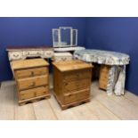 Pair of pine, 3 drawer bedside cabinets, a kidney shaped dressing table, a cream dressing table with