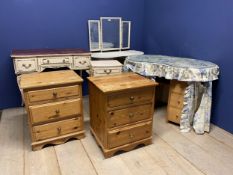 Pair of pine, 3 drawer bedside cabinets, a kidney shaped dressing table, a cream dressing table with