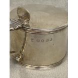 George IV Hallmarked Silver drum shape mustard pot with blue glass liner, the lid with thumbpiece to