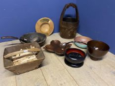 Quantity of decorative wooden items, including old ethnic bowl and ladle, bucket, etc