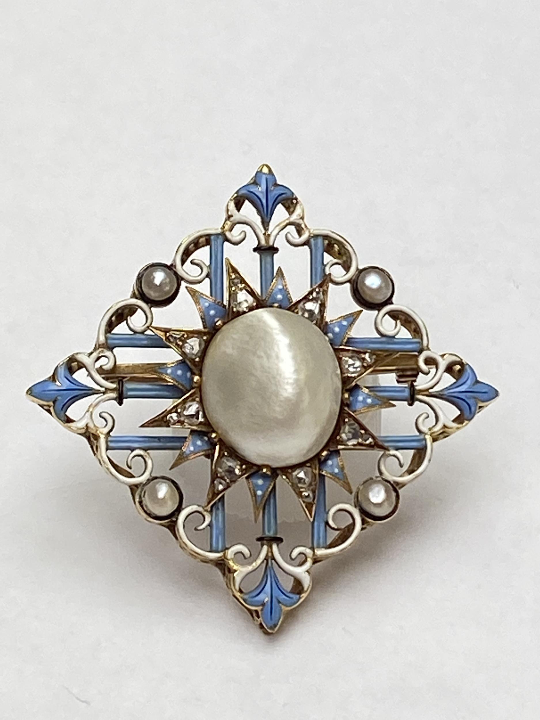 Late C19th blister pearl diamond and enamel brooch, by Carlo Giuliano. Marked CG to oval