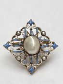 Late C19th blister pearl diamond and enamel brooch, by Carlo Giuliano. Marked CG to oval