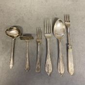 Collection of sterling silver cutlery including a christening set, and mother of pearl handle pickle