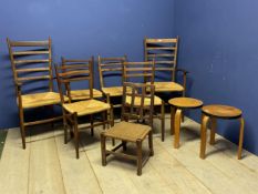 Arts and Craft style ladder back rush seat chairs (4 +2); 2 stools, and a small rush seated square