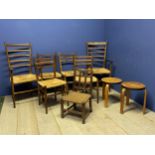Arts and Craft style ladder back rush seat chairs (4 +2); 2 stools, and a small rush seated square
