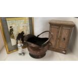 Mixed lot, Coal scuttle, small wooden hanging cupboard, Lautrec print,