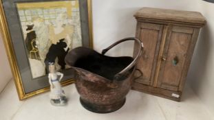 Mixed lot, Coal scuttle, small wooden hanging cupboard, Lautrec print,