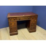 Victorian mahogany 9 drawer pedestal desk, with tooled red leather top 105cm wide x 57cm depth x