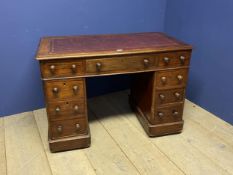 Victorian mahogany 9 drawer pedestal desk, with tooled red leather top 105cm wide x 57cm depth x