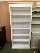 Modern, white painted tall bookcase of 6 shelves 203 cm high x 89cm wide x 36 depth at top