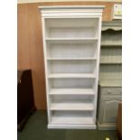 Modern, white painted tall bookcase of 6 shelves 203 cm high x 89cm wide x 36 depth at top