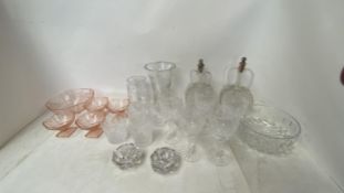 Qty of glassware including decorative decanters, tumblers, vases, bowls etc