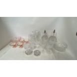 Qty of glassware including decorative decanters, tumblers, vases, bowls etc