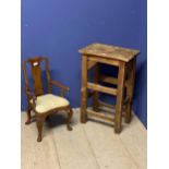 Small wooden and upholstered chair, as an apprentice piece, and a wooden stool