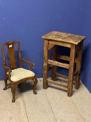 Small wooden and upholstered chair, as an apprentice piece, and a wooden stool