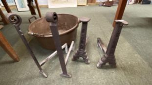 2 Pairs heavy fire dogs and tongues & large cauldron (dented), see images for details and condition.