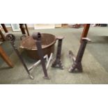 2 Pairs heavy fire dogs and tongues & large cauldron (dented), see images for details and condition.