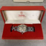 Gents stainless steel Tudor Rolex wrist watch, a 38mm silvered face, with red date aperture at 3 and