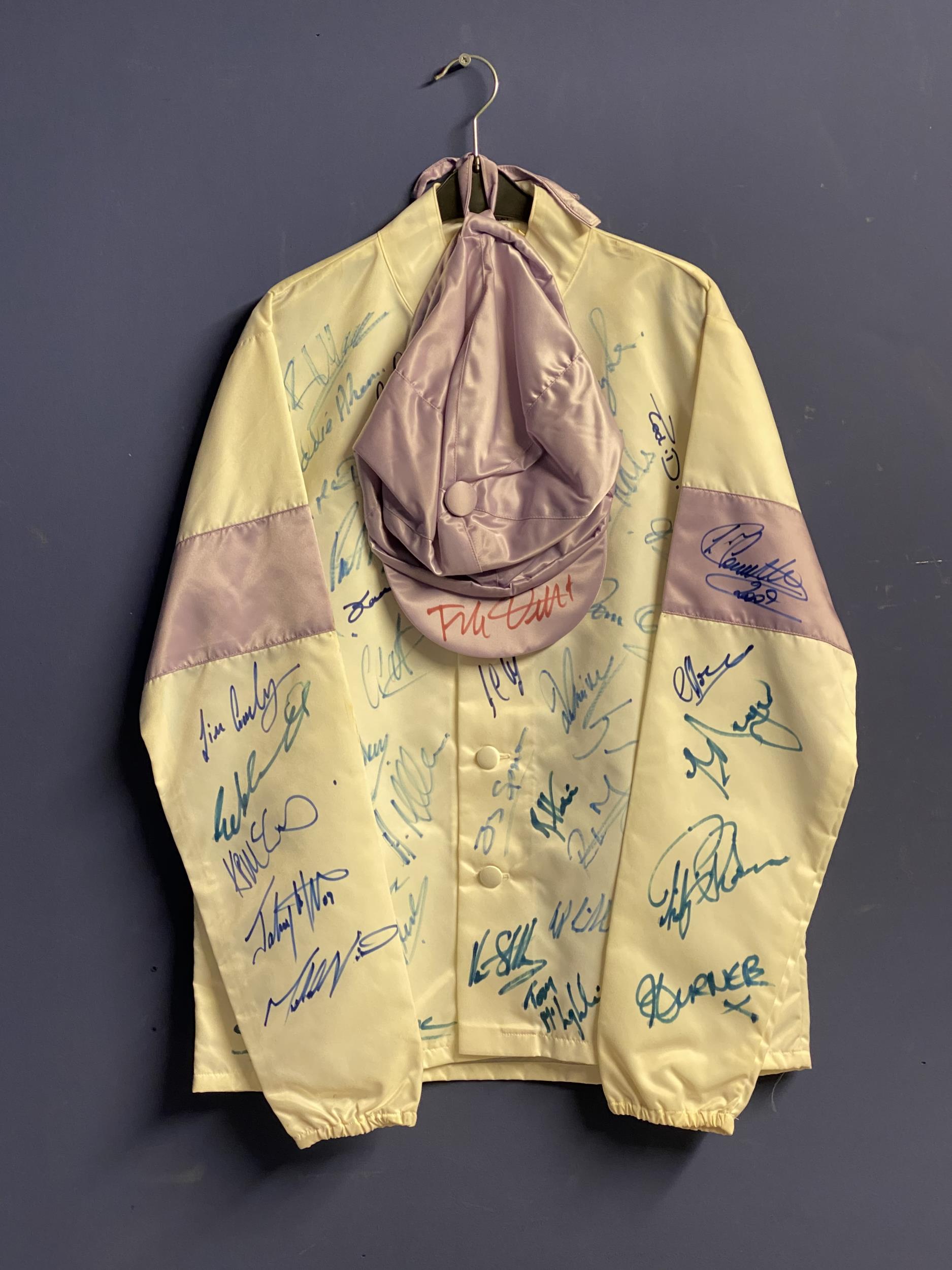 Jockeys silks, autographed by flat jockeys, with Authenticity Card showing all signatures etc -