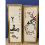 Pair of framed and glazed Chinese scrolls, decorated birds and foliage with Chinese calligraphy