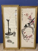 Pair of framed and glazed Chinese scrolls, decorated birds and foliage with Chinese calligraphy