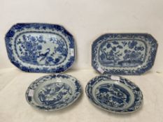 Four Chinese style blue and white plates, some with wear