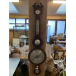 C19th mahogany banjo barometer, P.Courti, Market Place Exeter. Condition: wear & some damage