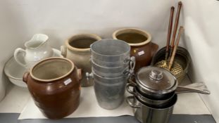 Quantity of brass wares, and earthen ware pots, and wash jug and bowl