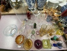 Qty glassware including coloured hock glasses, moulded Lalique style vase, glass dome etc