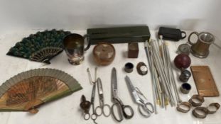 Qty of collectables including knitting needles & dress making scissors, mini opera glasses in a