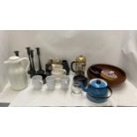 Qty of household decorative items including candle sticks, small lamp shades, wooden bowls, milk