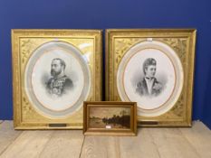 Pair large decorative gilt framed and glazed black and white oval portraits of King Edward VII and