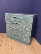Contemporary four drawer chest of drawers, painted blue with white cow parsley pattern 72cm wide x