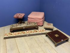 Six various upholstered/tapestry and wooden stools, including a walnut piano stool, a pink pouffe